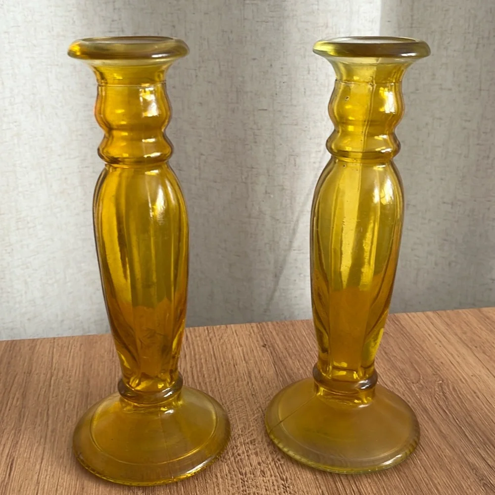 2 YELLOW GLASS VASE or Taper Candle Holder